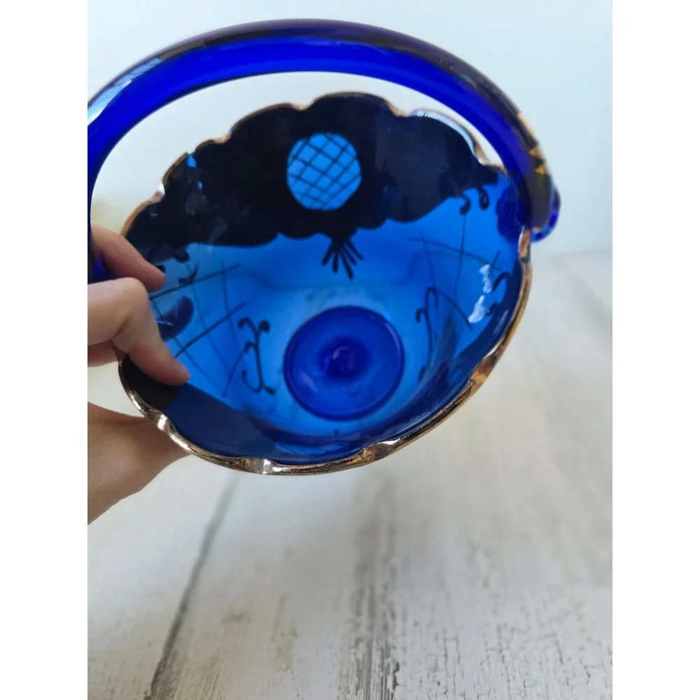 Vintage blue gold basket AS‎ IS bohemian cobalt decor glass